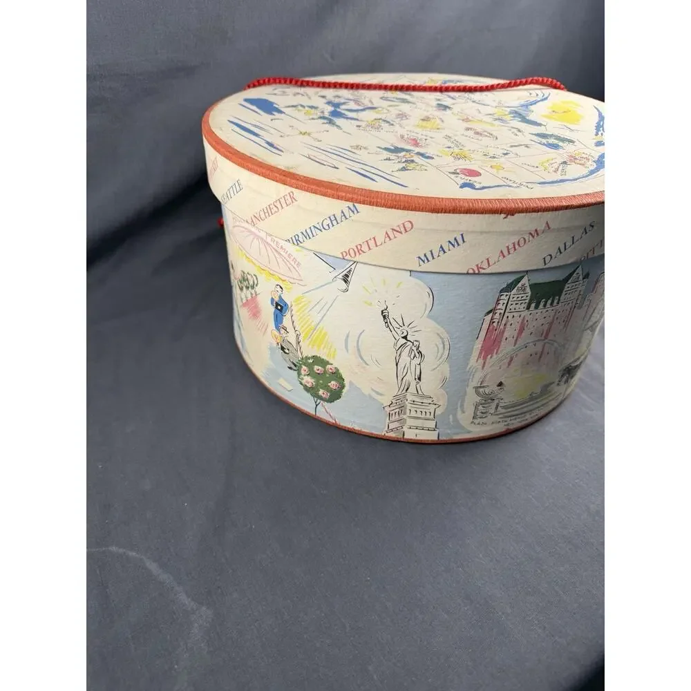 Vintage 1930’s-1950’s USA Map Travel Theme Hat Box